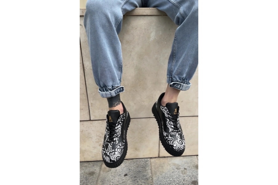 Shoecide Sb0802 Boa Gotik Desenli Siyah Yüksek Taban Erkek Günlük Ayakkabı