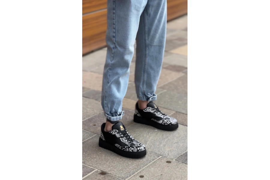 Shoecide Sb0802 Boa Gotik Desenli Siyah Yüksek Taban Erkek Günlük Ayakkabı