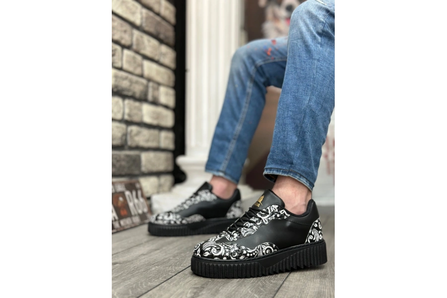 Shoecide Sb0802 Boa Gotik Desenli Siyah Yüksek Taban Erkek Günlük Ayakkabı