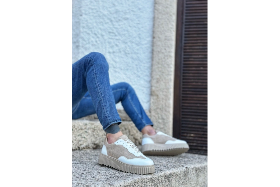 Shoecide Sb0802 Boa Krem Süet Yüksek Taban Erkek Günlük Ayakkabı