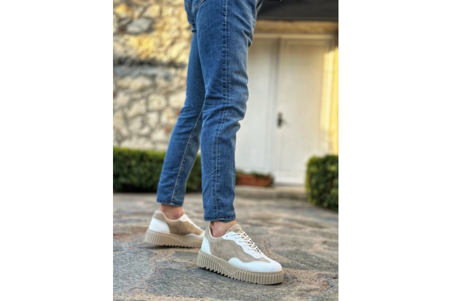 Shoecide Sb0802 Boa Krem Süet Yüksek Taban Erkek Günlük Ayakkabı