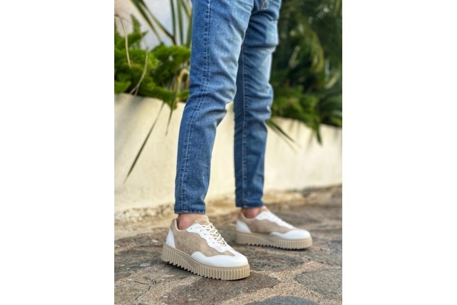 Shoecide Sb0802 Boa Krem Süet Yüksek Taban Erkek Günlük Ayakkabı