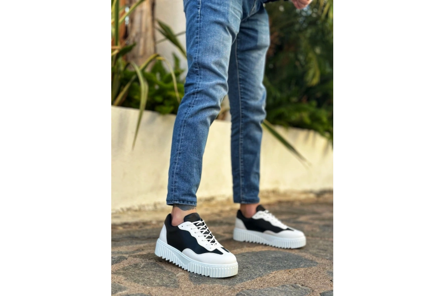 Shoecide Sb0802 Boa Siyah Renk Beyaz Parçalı Yüksek Taban Erkek Günlük Ayakkabı