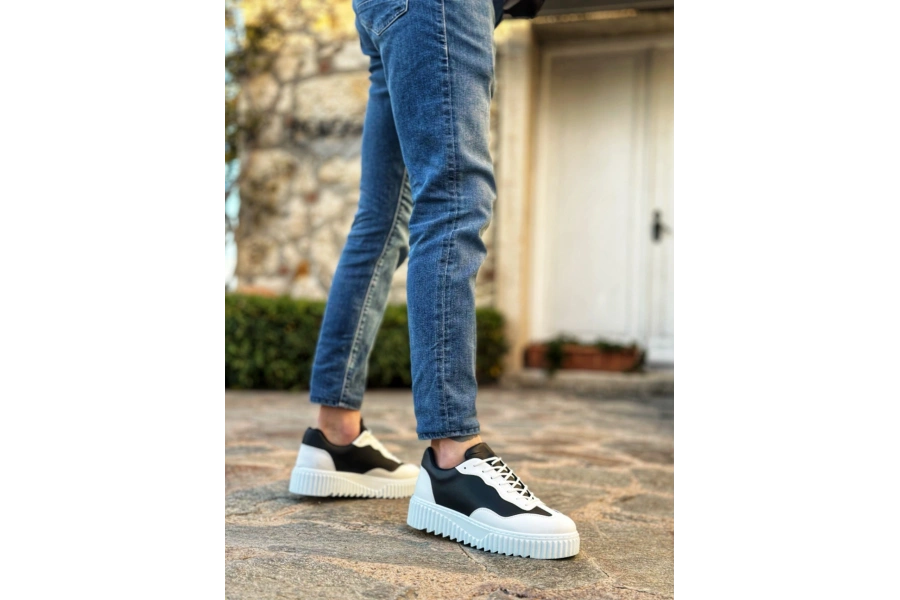 Shoecide Sb0802 Boa Siyah Renk Beyaz Parçalı Yüksek Taban Erkek Günlük Ayakkabı