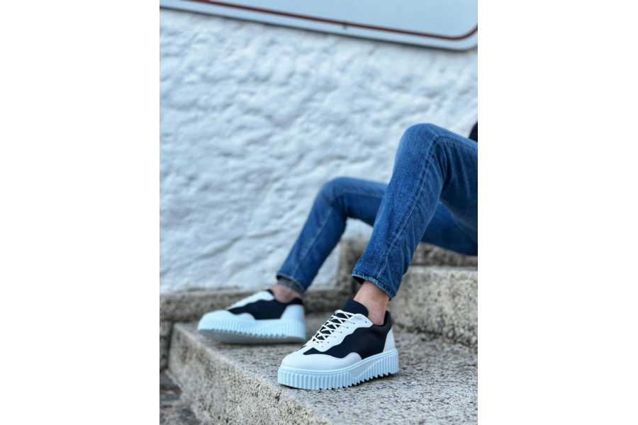Shoecide Sb0802 Boa Siyah Renk Beyaz Parçalı Yüksek Taban Erkek Günlük Ayakkabı