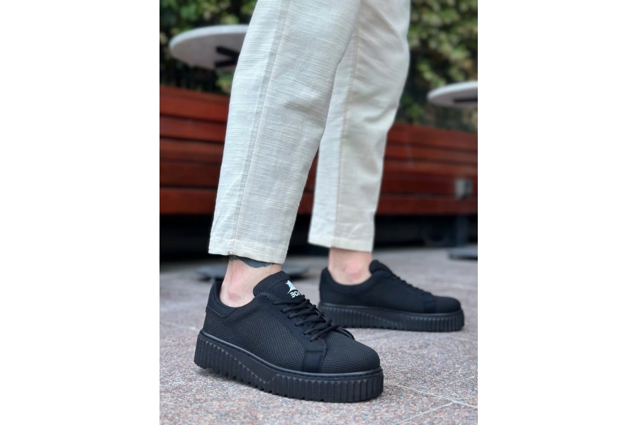 Shoecide Sb0803 Boa Yüksek Siyah Taban Triko Siyah Erkek Ayakkabı