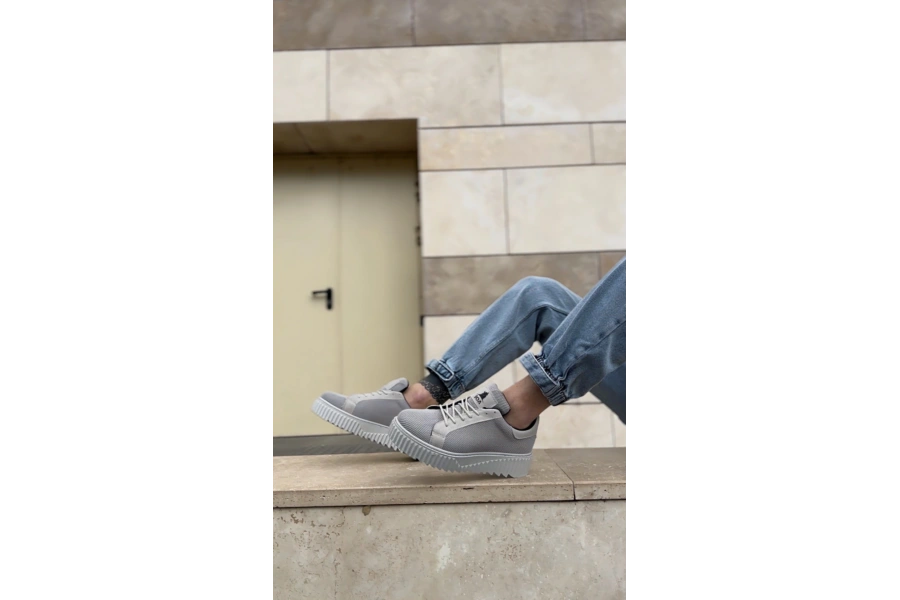Shoecide Sb0803 Boa Yüksek Taban Gri Triko Gri Taban Erkek Ayakkabı