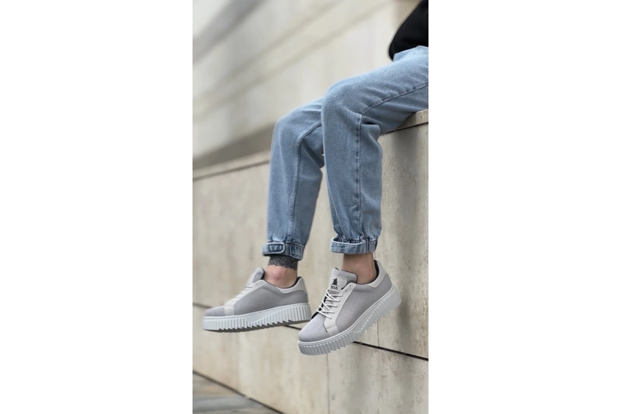 Shoecide Sb0803 Boa Yüksek Taban Gri Triko Gri Taban Erkek Ayakkabı