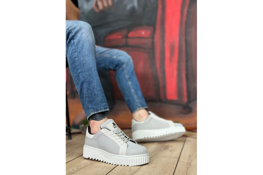 Shoecide Sb0803 Boa Yüksek Taban Gri Triko Gri Taban Erkek Ayakkabı