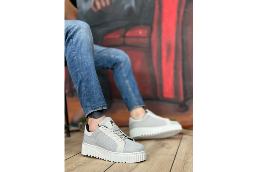 Shoecide Sb0803 Boa Yüksek Taban Gri Triko Gri Taban Erkek Ayakkabı
