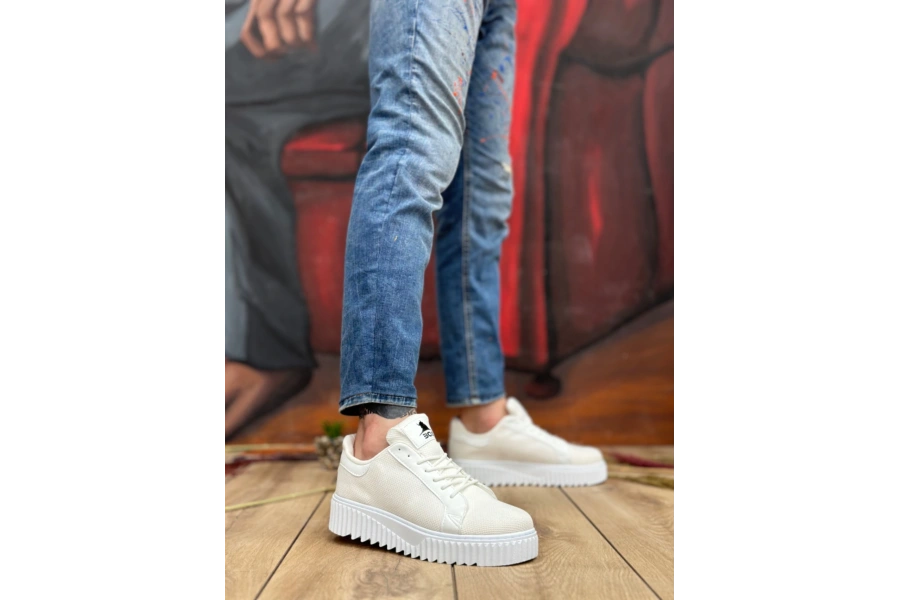 Shoecide Sb0803 Boa Yüksek Taban Triko Beyaz Erkek Ayakkabı