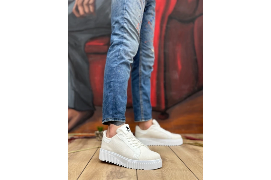 Shoecide Sb0803 Boa Yüksek Taban Triko Beyaz Erkek Ayakkabı