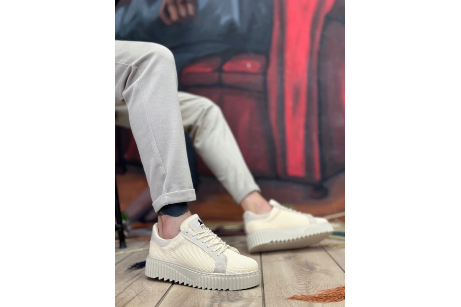 Shoecide Sb0803 Boa Yüksek Taban Triko Krem Erkek Ayakkabı