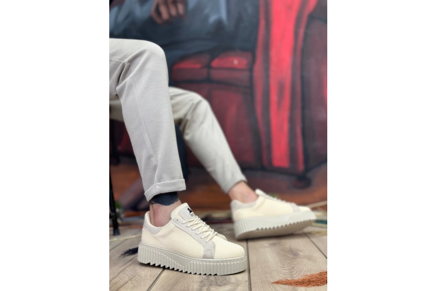 Shoecide Sb0803 Boa Yüksek Taban Triko Krem Erkek Ayakkabı