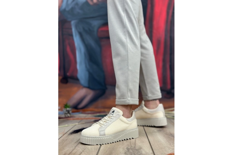 Shoecide Sb0803 Boa Yüksek Taban Triko Krem Erkek Ayakkabı
