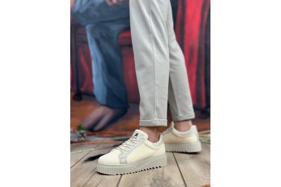 Shoecide Sb0803 Boa Yüksek Taban Triko Krem Erkek Ayakkabı