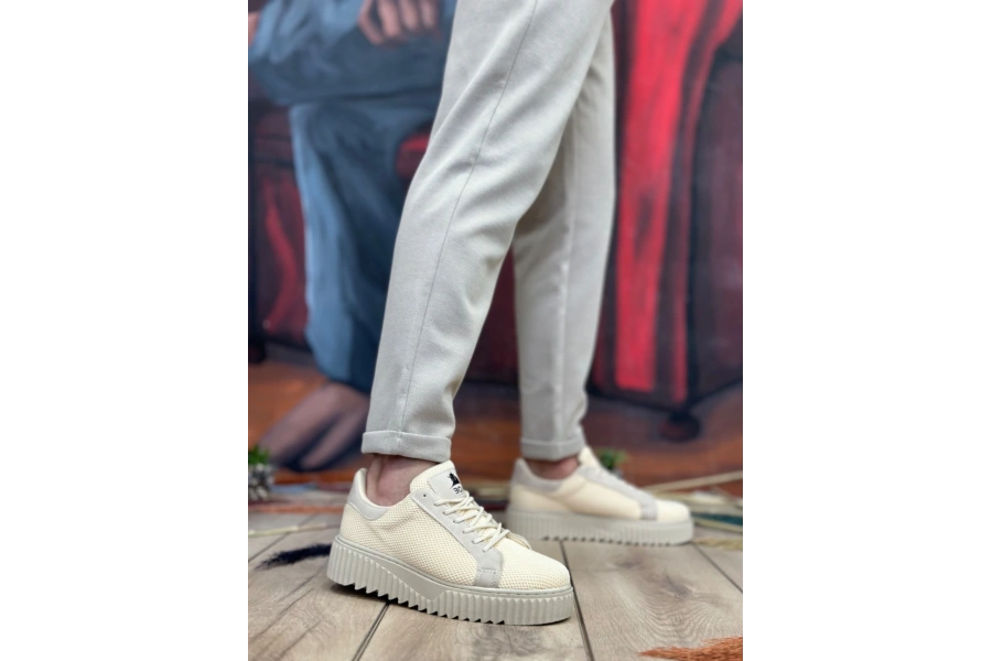 Shoecide Sb0803 Boa Yüksek Taban Triko Krem Erkek Ayakkabı