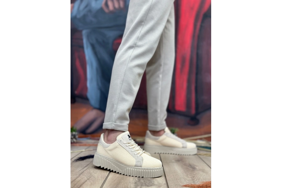 Shoecide Sb0803 Boa Yüksek Taban Triko Krem Erkek Ayakkabı