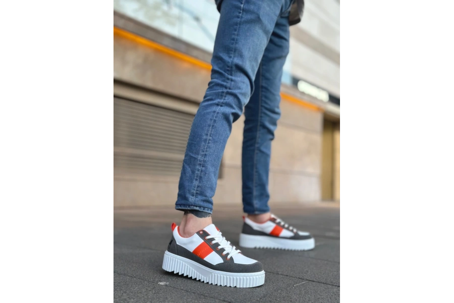Shoecide Sb0804 Boa Yüksek Beyaz Taban Turuncu Detaylı Bağcıklı Erkek Ayakkabı