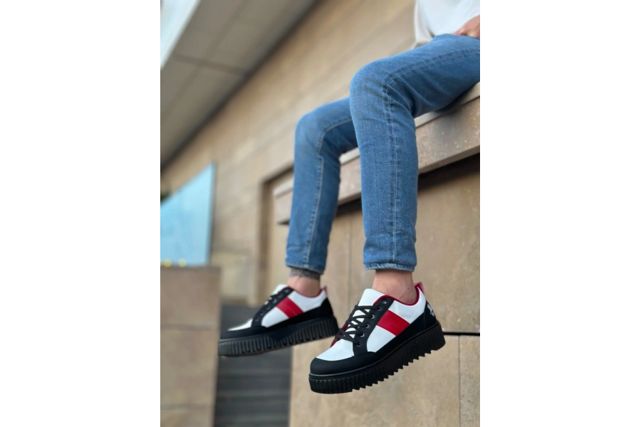 Shoecide Sb0804 Boa Yüksek Siyah Taban Kırmızı Detaylı Bağcıklı Erkek Ayakkabı