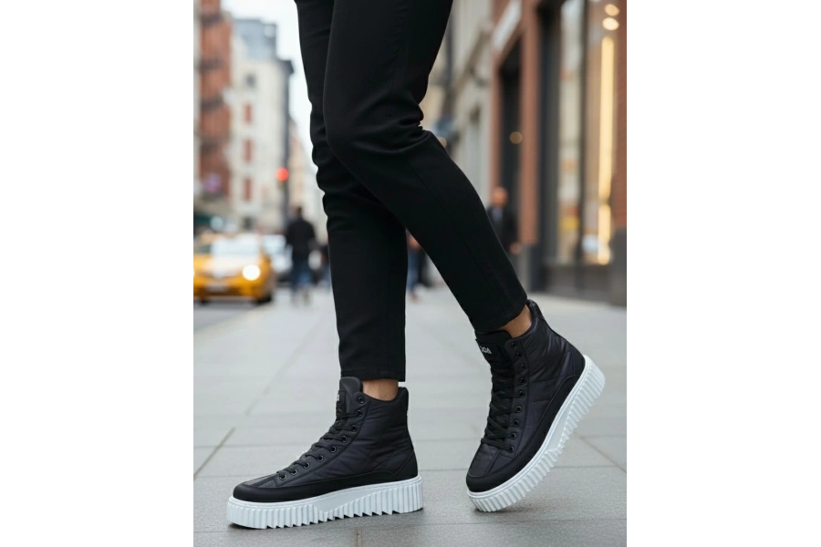Shoecide Sb0811 Boa Yüksek Beyaz Taban Siyah Paraşüt Kumaş Cilt Detaylı Yarım Bilek Spor Bot