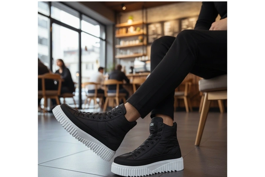 Shoecide Sb0811 Boa Yüksek Beyaz Taban Siyah Paraşüt Kumaş Cilt Detaylı Yarım Bilek Spor Bot