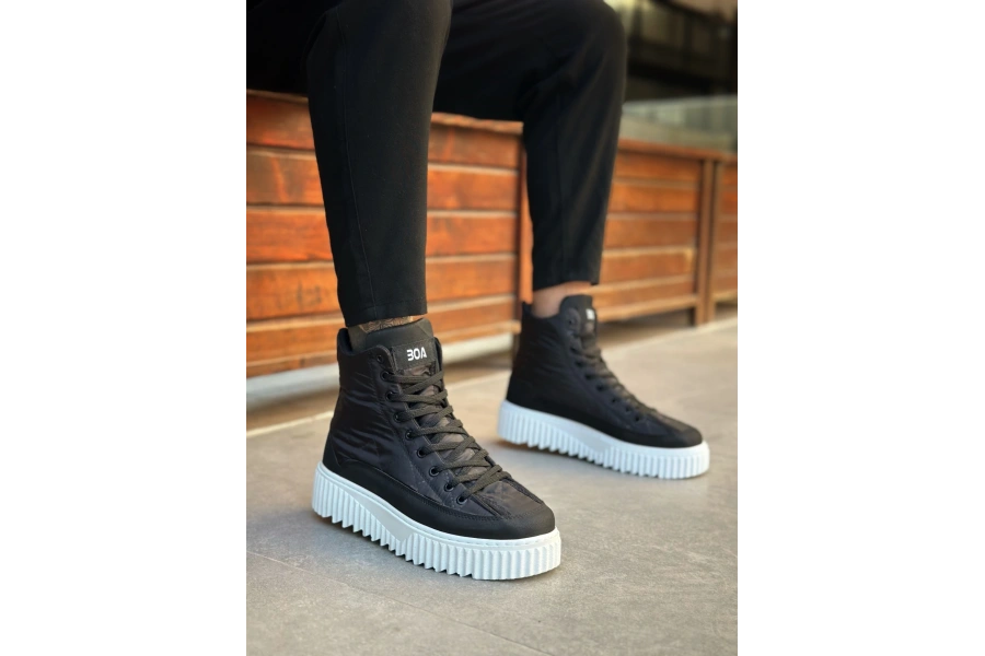 Shoecide Sb0811 Boa Yüksek Beyaz Taban Siyah Paraşüt Kumaş Cilt Detaylı Yarım Bilek Spor Bot