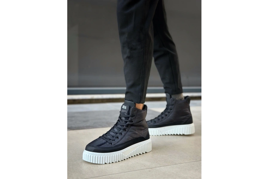 Shoecide Sb0811 Boa Yüksek Beyaz Taban Siyah Paraşüt Kumaş Cilt Detaylı Yarım Bilek Spor Bot