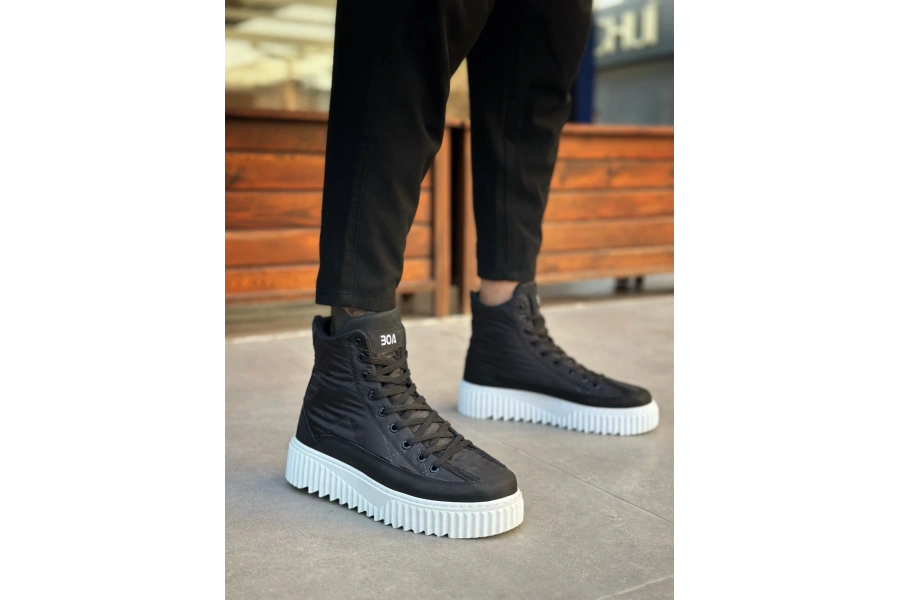 Shoecide Sb0811 Boa Yüksek Beyaz Taban Siyah Paraşüt Kumaş Cilt Detaylı Yarım Bilek Spor Bot