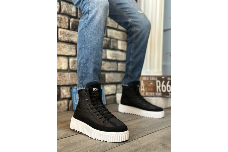 Shoecide Sb0811 Boa Yüksek Beyaz Taban Siyah Paraşüt Kumaş Cilt Detaylı Yarım Bilek Spor Bot