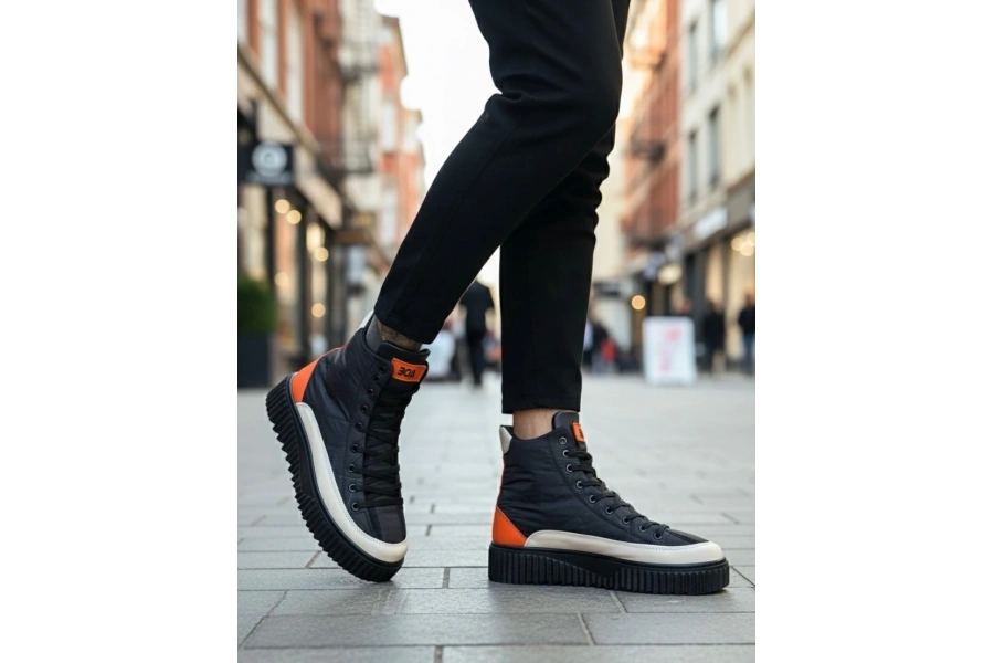 Shoecide Sb0811 Boa Yüksek Siyah Taban Paraşüt Kumaş Turuncu Cilt Detaylı Yarım Bilek Spor Bot