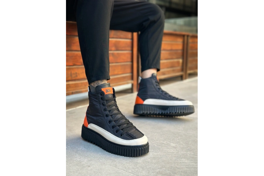 Shoecide Sb0811 Boa Yüksek Siyah Taban Paraşüt Kumaş Turuncu Cilt Detaylı Yarım Bilek Spor Bot