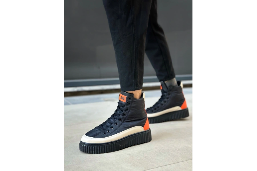 Shoecide Sb0811 Boa Yüksek Siyah Taban Paraşüt Kumaş Turuncu Cilt Detaylı Yarım Bilek Spor Bot