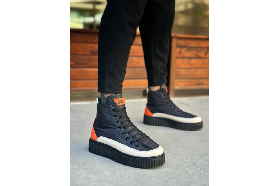 Shoecide Sb0811 Boa Yüksek Siyah Taban Paraşüt Kumaş Turuncu Cilt Detaylı Yarım Bilek Spor Bot