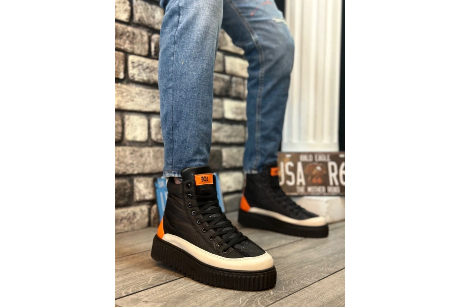 Shoecide Sb0811 Boa Yüksek Siyah Taban Paraşüt Kumaş Turuncu Cilt Detaylı Yarım Bilek Spor Bot