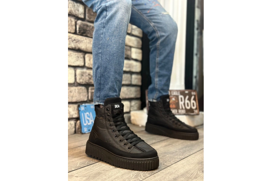 Shoecide Sb0811 Boa Yüksek Siyah Taban Siyah Paraşüt Kumaş Cilt Detaylı Yarım Bilek Spor Bot
