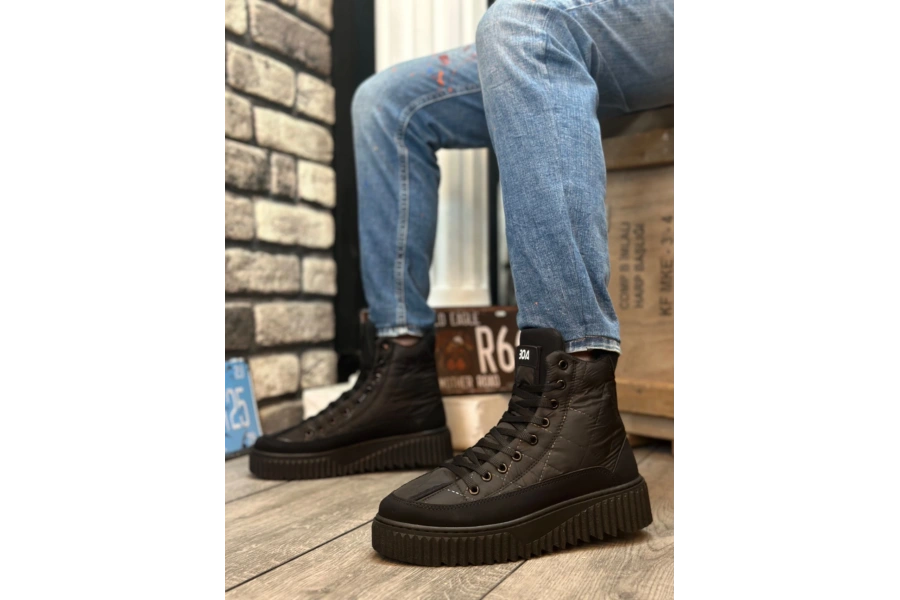 Shoecide Sb0811 Boa Yüksek Siyah Taban Siyah Paraşüt Kumaş Cilt Detaylı Yarım Bilek Spor Bot