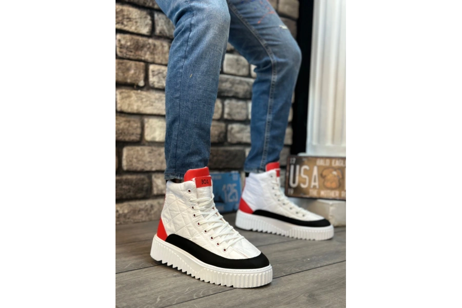 Shoecide Sb0811 Boa Yüksek Taban Beyaz Paraşüt Kumaş Kırmızı Cilt Detaylı Erkek Ayakkabı