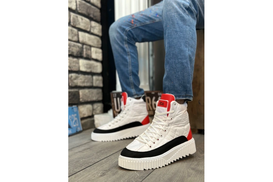 Shoecide Sb0811 Boa Yüksek Taban Beyaz Paraşüt Kumaş Kırmızı Cilt Detaylı Erkek Ayakkabı