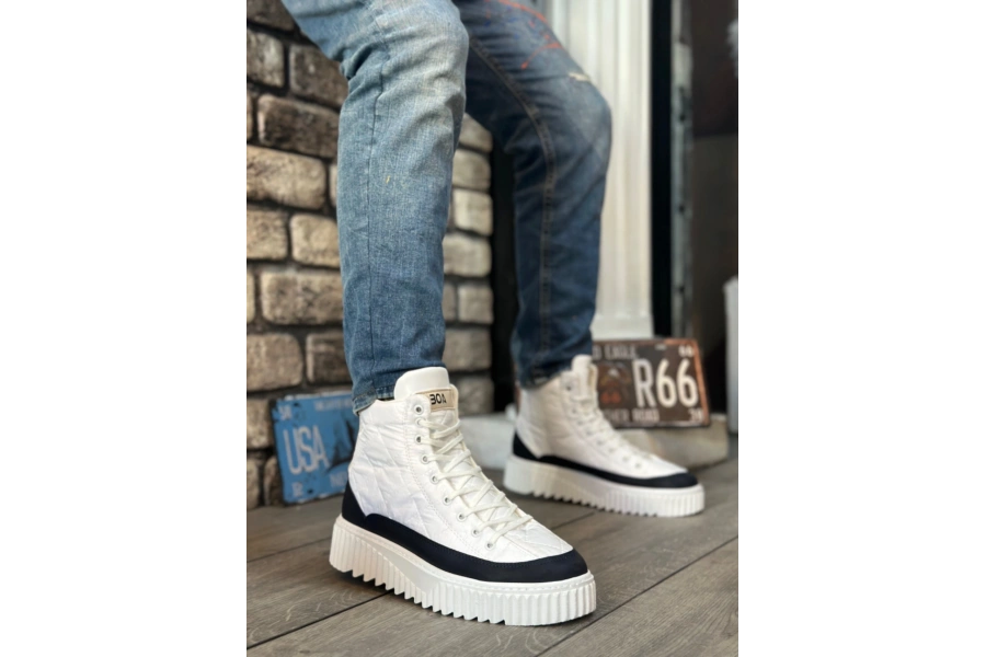 Shoecide Sb0811 Boa Yüksek Taban Beyaz Paraşüt Kumaş Lacivert Cilt Detaylı Erkek Ayakkabı