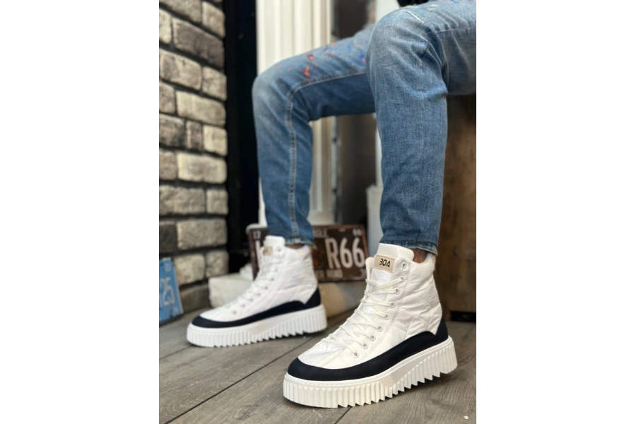 Shoecide Sb0811 Boa Yüksek Taban Beyaz Paraşüt Kumaş Lacivert Cilt Detaylı Erkek Ayakkabı