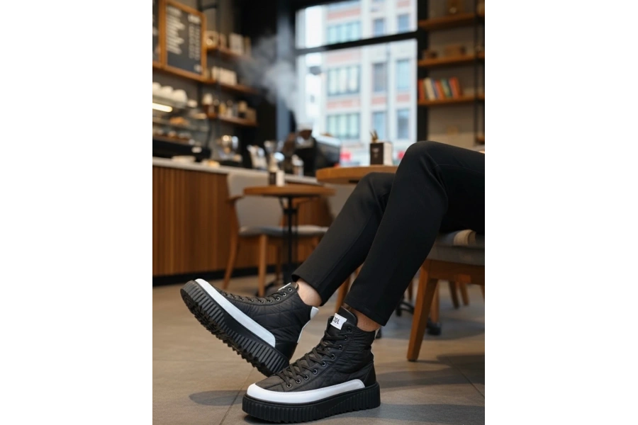 Shoecide Sb0811 Boa Yüksek Taban Siyah Paraşüt Kumaş Beyaz Cilt Detaylı Yarım Bilek Spor Bot