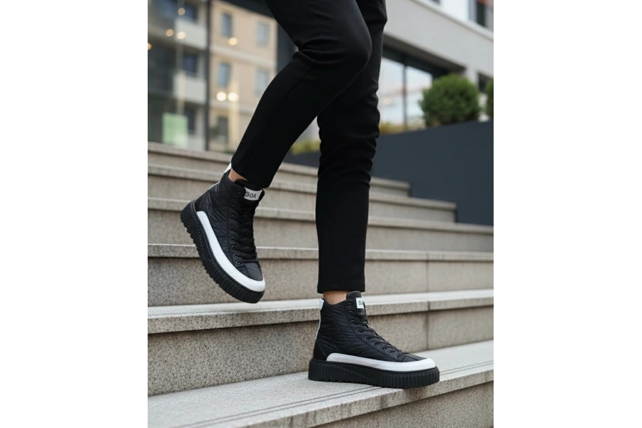 Shoecide Sb0811 Boa Yüksek Taban Siyah Paraşüt Kumaş Beyaz Cilt Detaylı Yarım Bilek Spor Bot