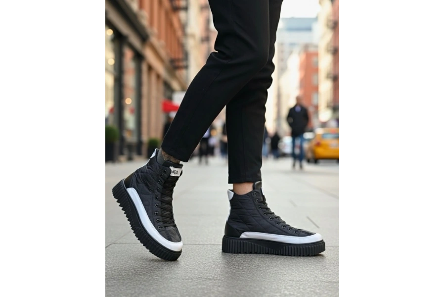 Shoecide Sb0811 Boa Yüksek Taban Siyah Paraşüt Kumaş Beyaz Cilt Detaylı Yarım Bilek Spor Bot