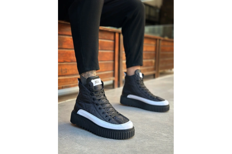 Shoecide Sb0811 Boa Yüksek Taban Siyah Paraşüt Kumaş Beyaz Cilt Detaylı Yarım Bilek Spor Bot