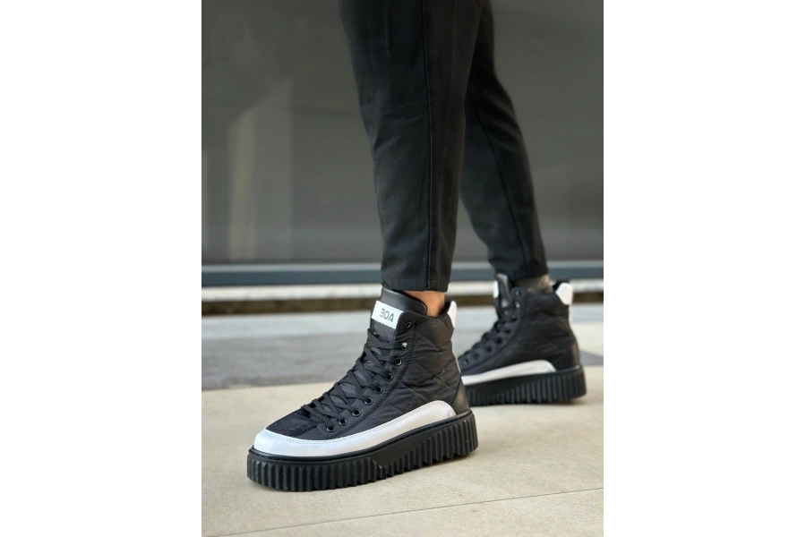 Shoecide Sb0811 Boa Yüksek Taban Siyah Paraşüt Kumaş Beyaz Cilt Detaylı Yarım Bilek Spor Bot