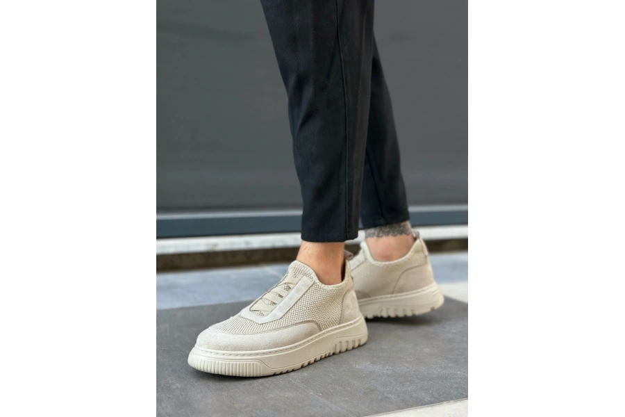 Shoecide Sb0911 Özel Örme Triko Deri Tozu Detaylı Bej Günlük Spor Ayakkabı