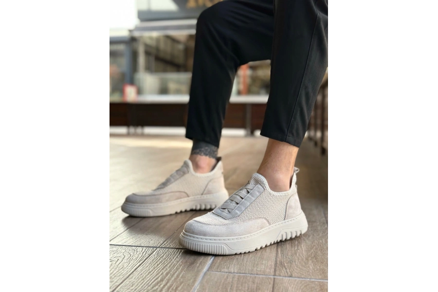 Shoecide Sb0911 Özel Örme Triko Deri Tozu Detaylı Bej Günlük Spor Ayakkabı