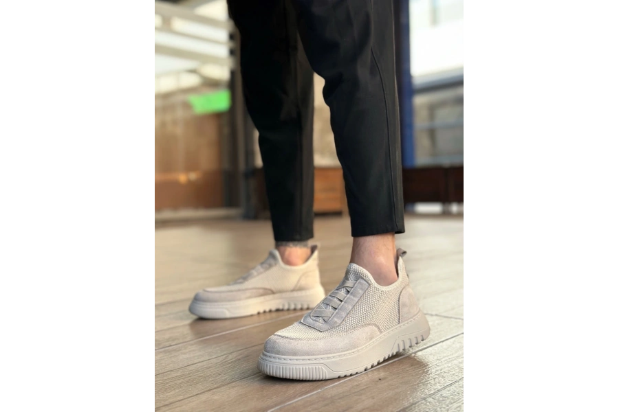 Shoecide Sb0911 Özel Örme Triko Deri Tozu Detaylı Bej Günlük Spor Ayakkabı