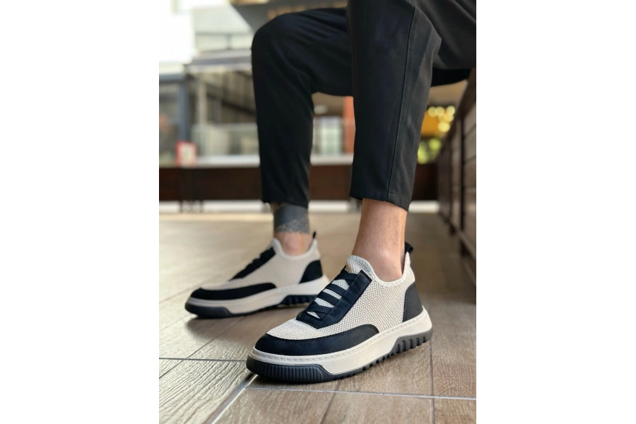 Shoecide Sb0911 Özel Örme Triko Deri Tozu Detaylı Bej Siyah Günlük Spor Ayakkabı